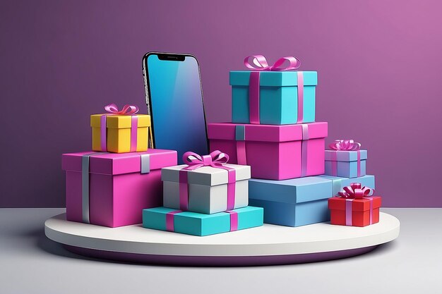 Online store via mobile phone set on podium with floating gift boxes aside 3D web banner