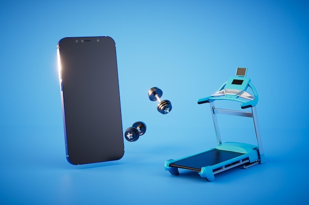 Online training program smartphone dumbbells and treadmill on a blue background 3D render