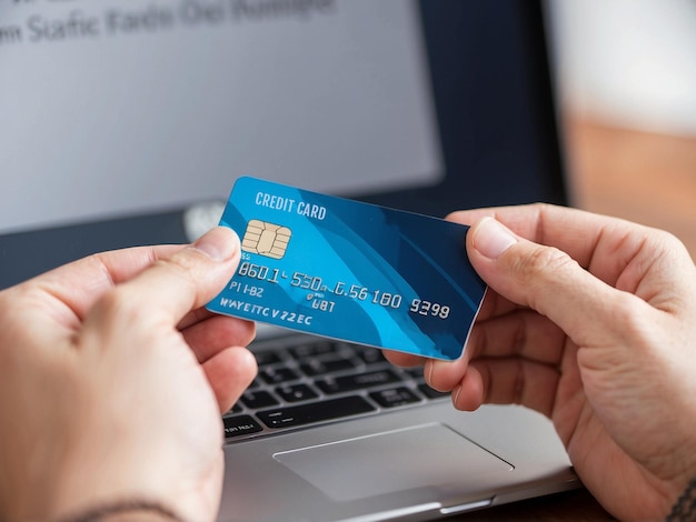 Online transaction with credit card concept Hand holding credit card for online transaction payment