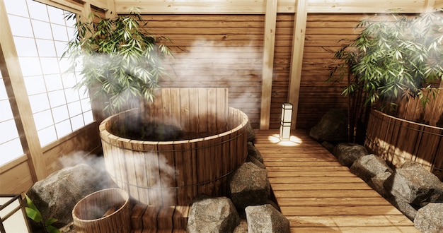 Onsen room interior with wooden bath and decoration wooden japanese style