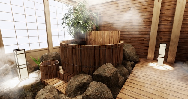 Onsen room interior with wooden bath and decoration wooden japanese style