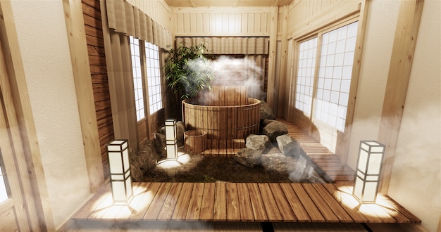 Onsen room interior with wooden bath and decoration wooden japanese style