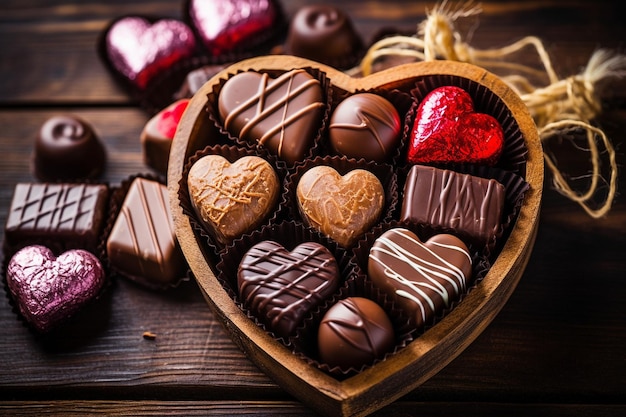 op down shot of assorted chocolates arranged in a heart shaped box on a rustic wooden table