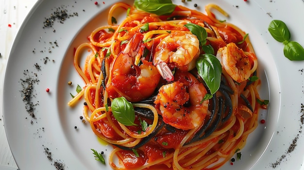 Op view on black spaghetti with shrimps in tomato sauce on the white plate and white table 8k photor