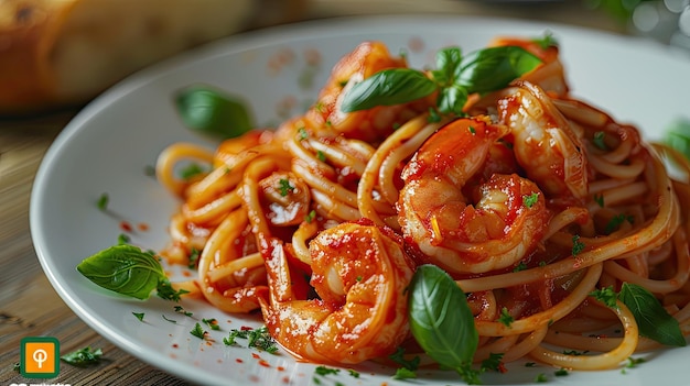 Op view on black spaghetti with shrimps in tomato sauce on the white plate and white table 8k photor