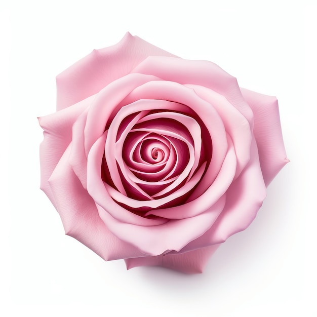 Photo op view of a single pink rose flower isolated on a white background