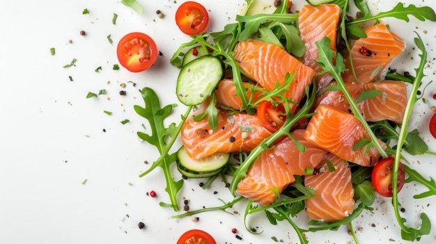 Photo op view smoked salmon salad with arugula fresh vegetables and tomato on white plate ai generated