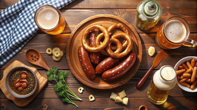 Photo op view of a wooden table set with traditional oktoberfest food pretzels sausages mustard and beer mugs with frothy beer