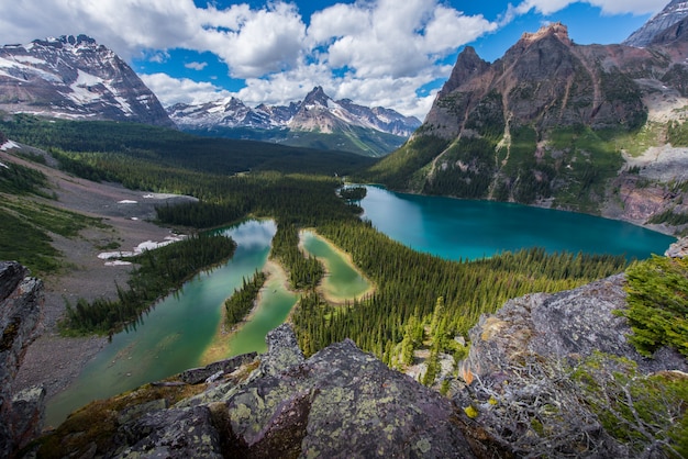 Opabin lake beautiful hiking trail in cloudy day in Spring, Yoho, Canada