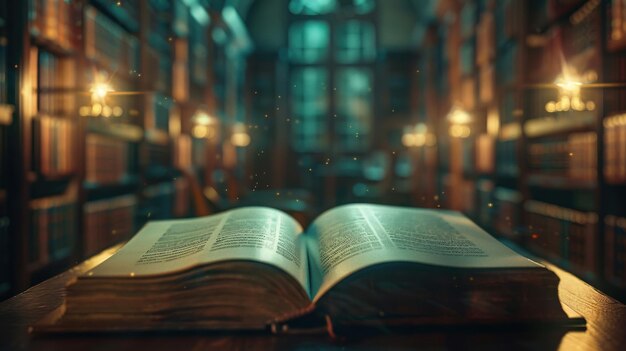 Open antique book glowing in a dark library with candles and bokeh Concepts of knowledge history literature magic and mystery