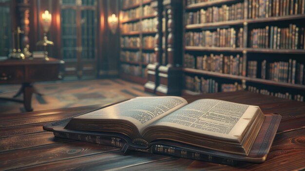 Open Antique Book Lying on Desk in a Vintage Library Concept of Knowledge History and Literature