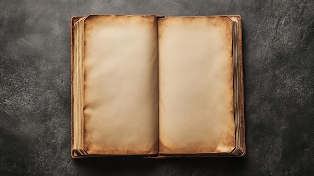 Photo open antique book with blank pages on dark background