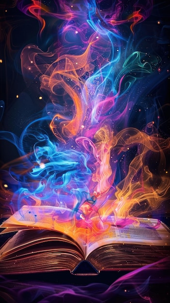 Open antique book with magical colorful smoke stars and sparkles Fantasy imagination and creativity concept