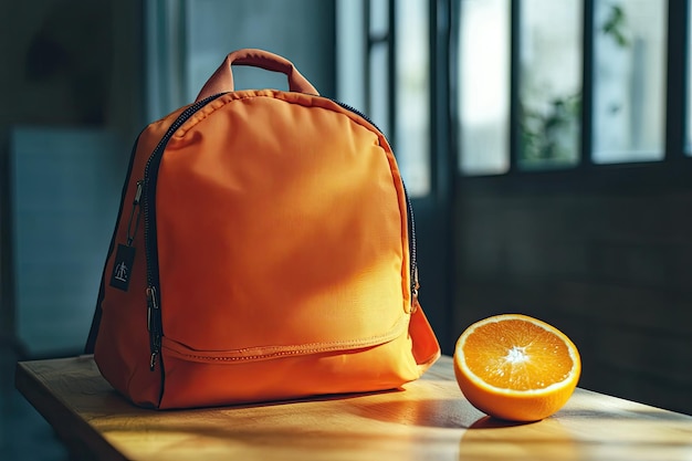 Photo open backpack and orange on table