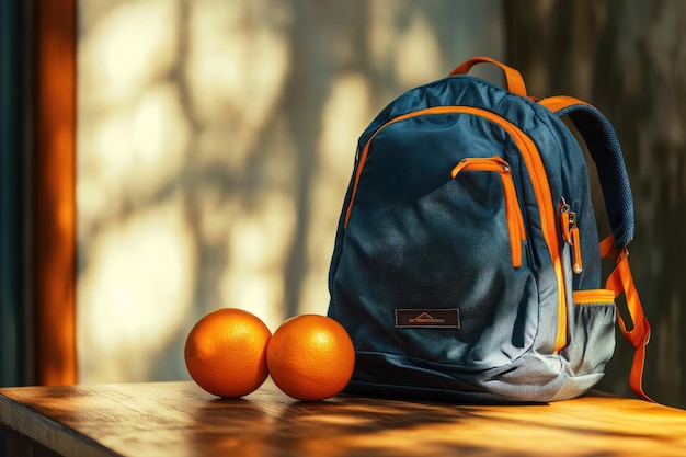 Open backpack and orange on table