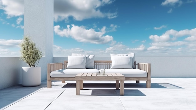 The open balcony there are sofa stool and tea table with blue sky and white clouds outside