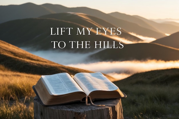 Photo open bible resting on a log with rolling hills and fog in the background during sunrise