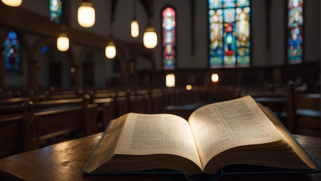 Open Bible with illuminated cross in background inside church