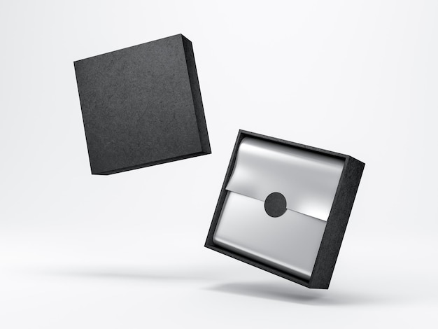 Open Black Box Mockup with silver wrapping paper on white background levitation, 3d rendering