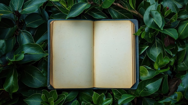 Open blank book on lush green leaves