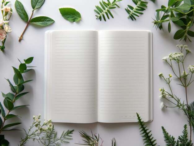 Photo open blank notebook surrounded by fresh green leaves on white background