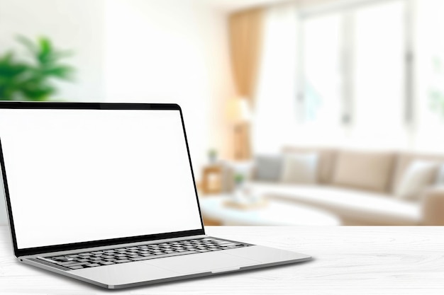 Open blank screen laptop computer on white wooden table with living room in the background