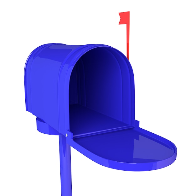 Open blue mailbox with letters on white background. 3D illustration, render