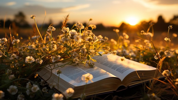 Open book Bible in the grass in nature Generative Ai