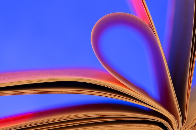 Open book close up macro photo Wisdom and education conceptLove reading Retro neon light 90s