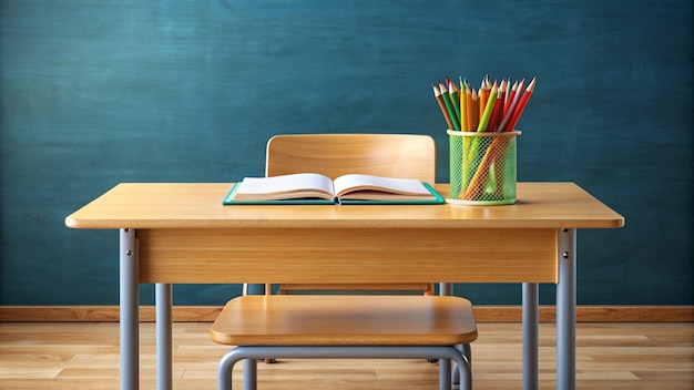 Open book and colored pencils on a school desk