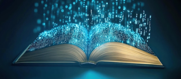 Open Book Emitting Glowing Blue Digital Code and Bokeh