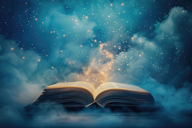 An open book floats in the atmospheric world of electric blue clouds at night