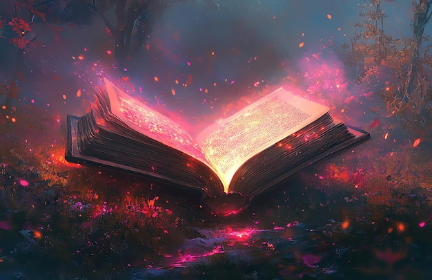 Photo an open book glowing in the forest at night