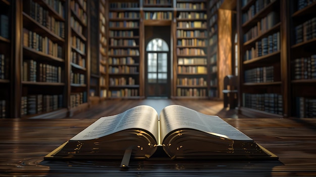 Open Book in a Grand Library Setting