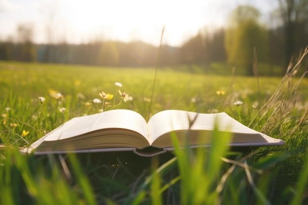 Open book on grass field and meadow background