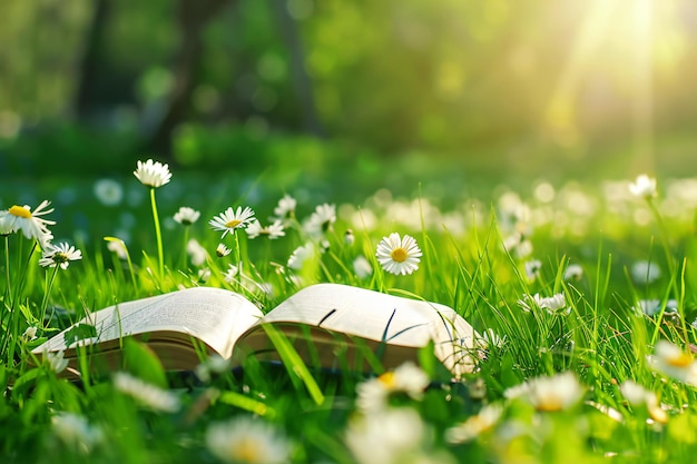 Photo open book on green grass with daisies under sunlight peaceful and serene outdoor reading spot