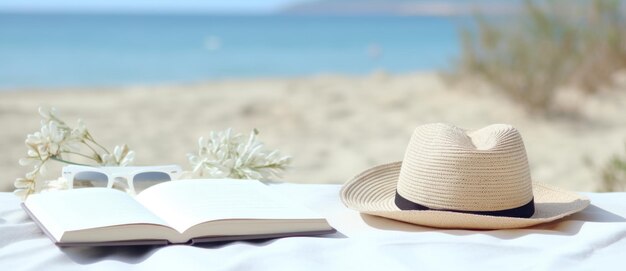 Open book and hat on the beach