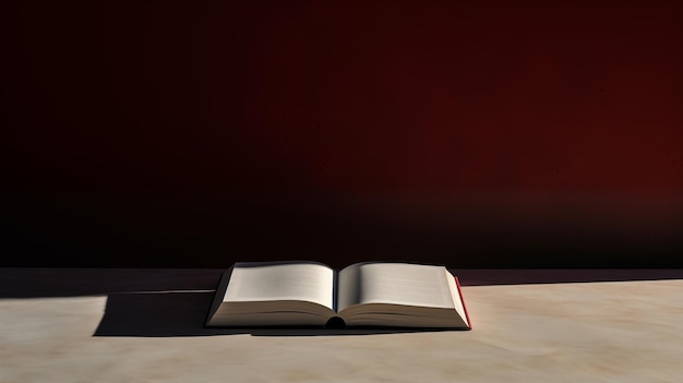 An open book lies on a reflective surface against a dark backdrop creating an atmosphere of study