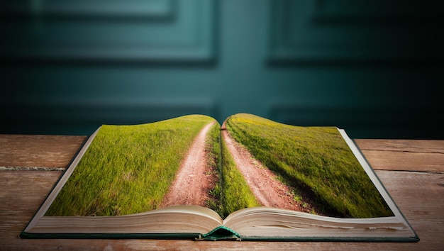 Open book and meadow landscape