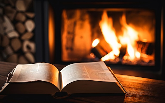 Open book near a burning fireplace in a cozy home autumn vibe concept