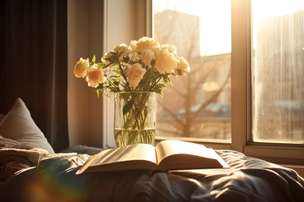 An open book resting on a bed next to a vase of flowers