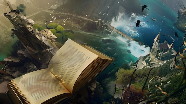 Photo an open book reveals a fantastical world with a waterfall castle and flying birds