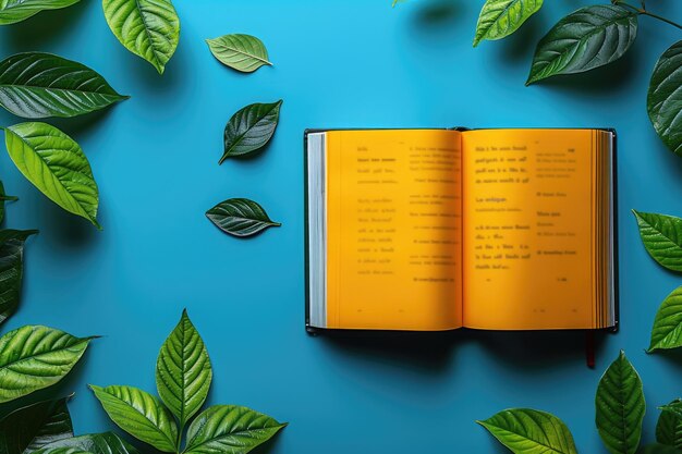 Open Book Surrounded by Green Leaves