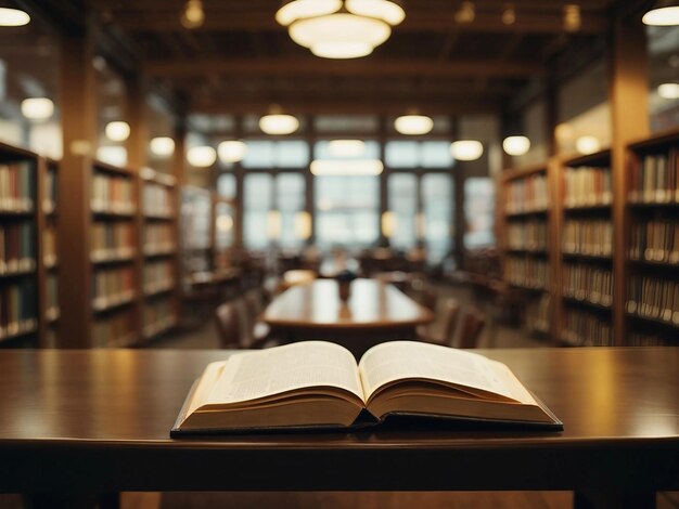 Open book on a table in a library with shelves of books in the background Ai generative