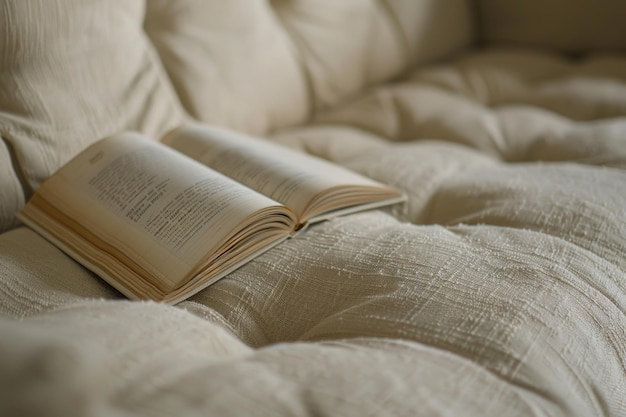 An open book on a textured cream sofa invites a quiet reading moment