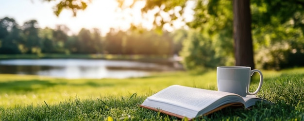 Photo an open book and a white coffee cup placed on green grass in a peaceful park with a lake in the background