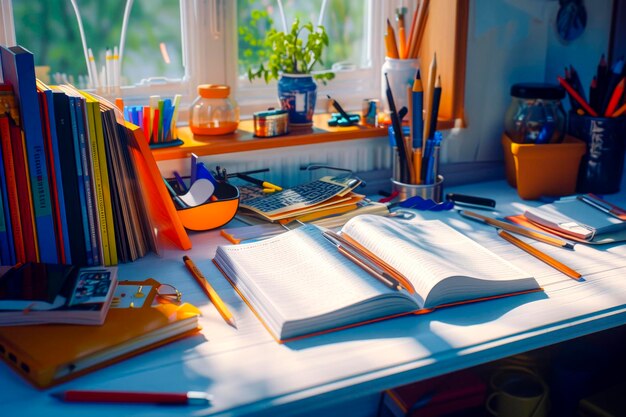 Open book on white desk with school supplies