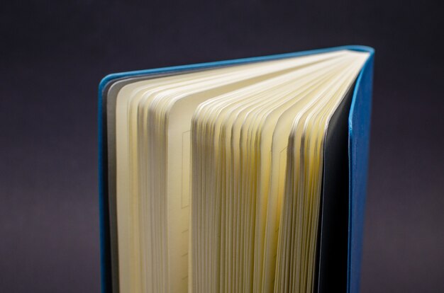 An open book with a blue leather cover. View from above. Education concept