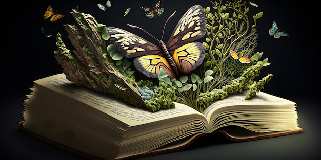 An open book with a butterfly and tree on the cover