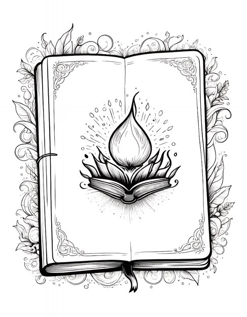 Photo an open book with a candle and rose illustration